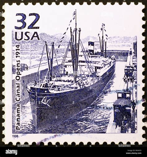 Opening Of Panama Canal Celebrated On American Postage Stamp Stock