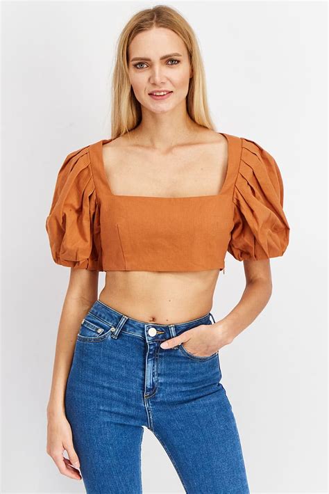 Buy Forever 21 Women Square Neck Balloon Sleeves Plain Crop Top Rust