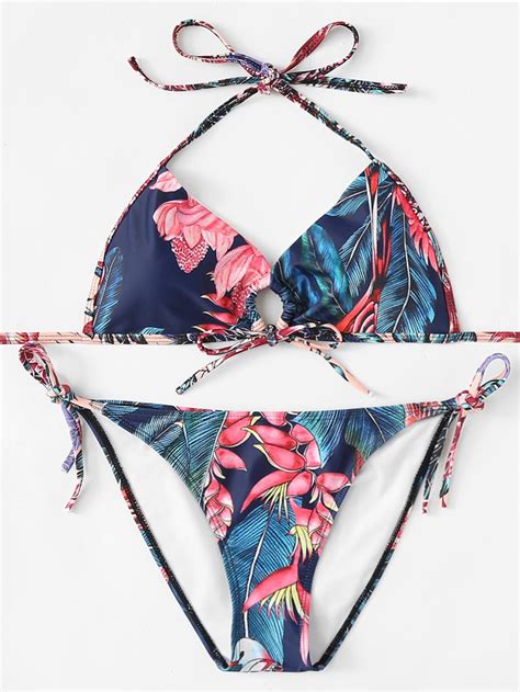 Tropical Print Knot Detail Halter Bikini Set Halter Bikini Set