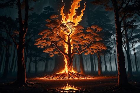 Premium AI Image | Tree on fire in the forest fire tree