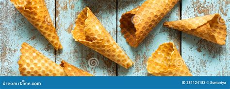 Wafer Cones For Ice Cream On A Blue Background Summer Food Stock Image