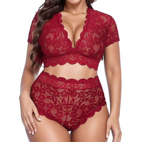 Bwdbhd Plus Size Lingerie Womens Soft Lace Lingerie Set See Through Underwear Floral Lace