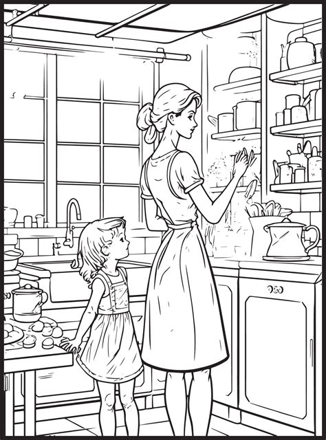 Mother Son Kitchen Coloring Page 23175371 Vector Art At Vecteezy