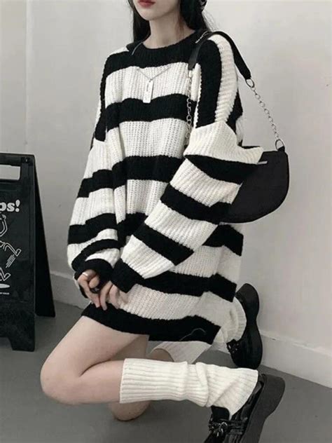 Deeptown Gothic Sweaters Women Harajuku Punk Knitted Stripes Jumper