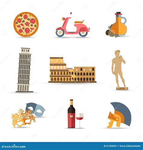 Set Of Italy Isolated Travel Colorful Flat Icons Stock Vector