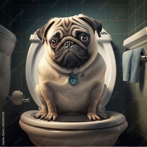 abstract creative of a dog, a pug sitting on the toilet seat, sitting on the toilet, front view ...