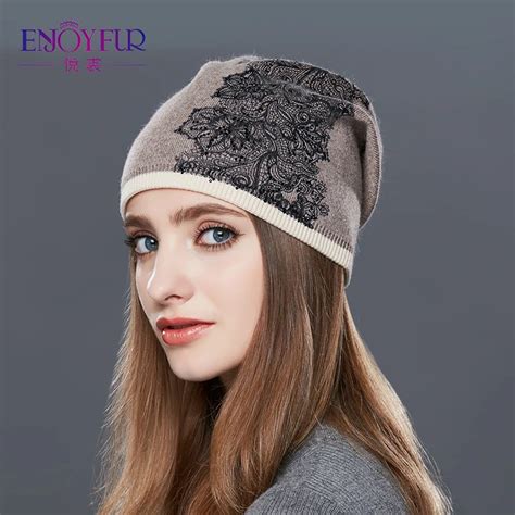 ENJOYFUR Knitted Wool Hat For Women Female Flowers Embroidery Thick