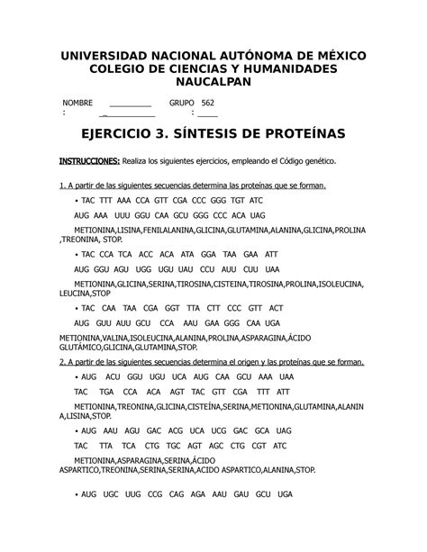 Ejercicios De Síntesis De Proteínas Universidad Nacional AutÓnoma De MÉxico Colegio De