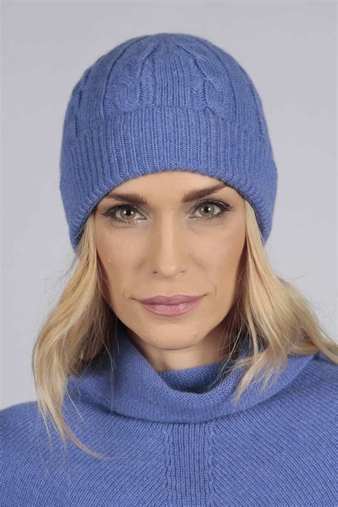 Periwikle Blue Pure Cashmere Beanie Hat Cable And Rib Knit Italy In