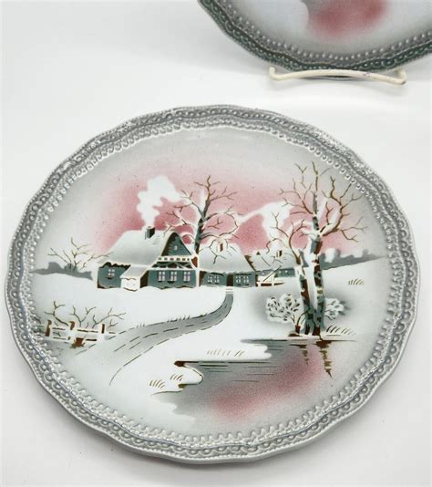 2 Decorative Plates Germany Winter Cottages Water Wheel Snow Scenes In