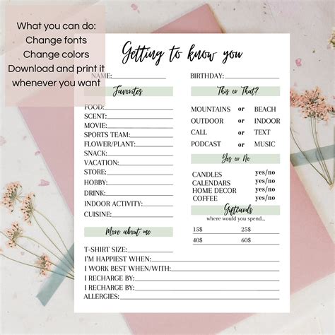 Getting To Know You Printable Employee Favorite Things Etsy