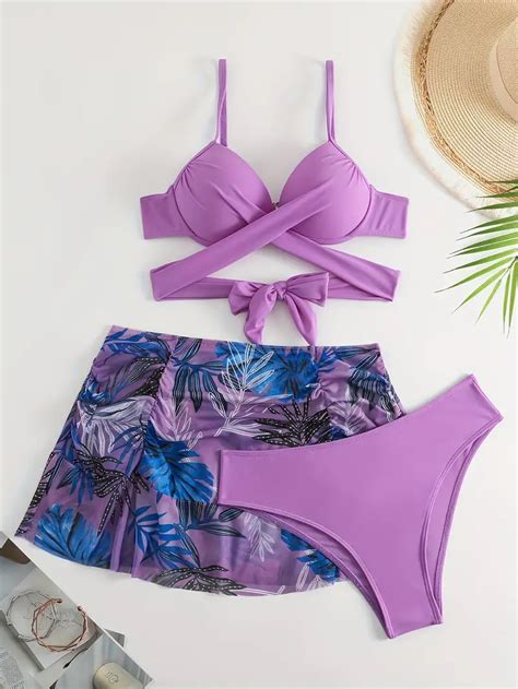 Plain Purple Bikini Leaf Print Wrap Skirt Swimsuits Criss Temu Australia