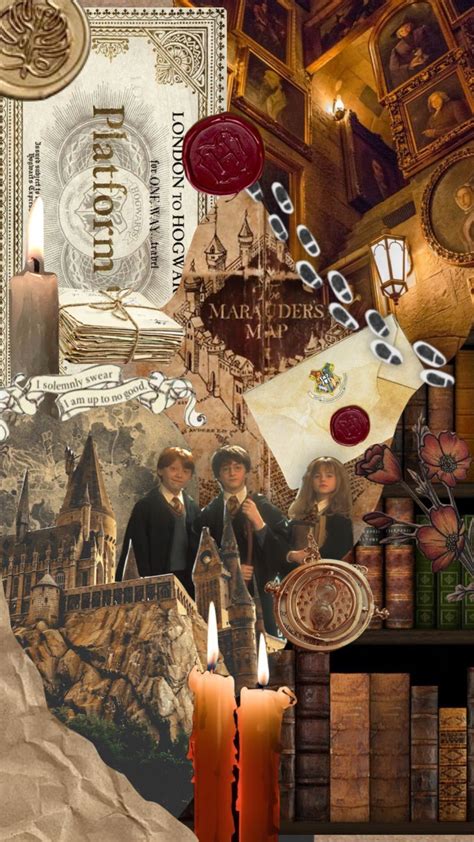 A Harry Potter Collage With Candles Books And Hogwart S Houses In The