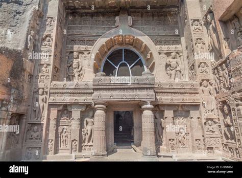 Ornate Entrance Of The Buddhist Chaitya Prayer Hall Cave 19 Carved