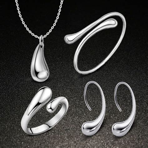 Water Drop Shape Polishing Silver Plated 4 Piece Jewelry Sets Wedding