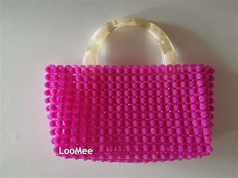 Handmade Hot Pink Beaded Handbag With Top Resin Handle Loomee Bag LM174