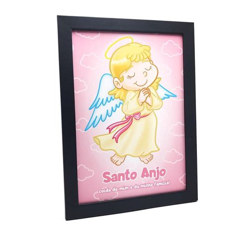 Quadro Santo Anjo Da Guarda Menina Moldura Preta Simples