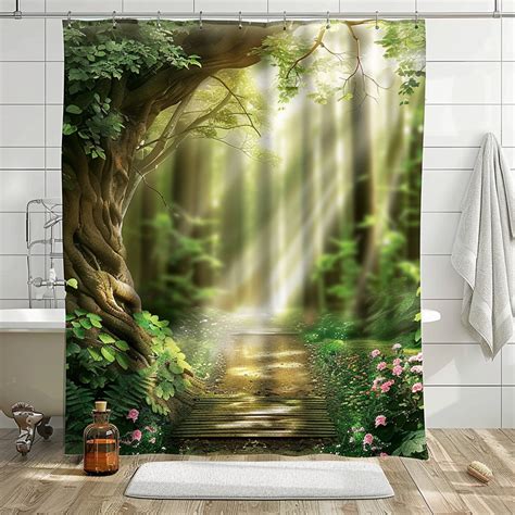 NatureInspired Forest Path Shower Curtain With Floral Design White