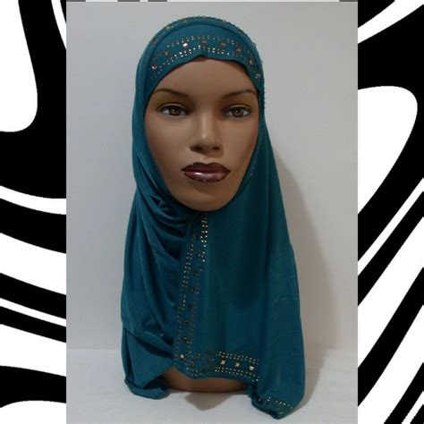 Mona Instant Hijab Hijabs Teal Blue Slip On One Piece Mona Rhinestone