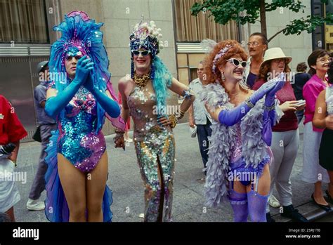 New York City NY USA Group People Demonstrating Gay Pride March Gay Men Drag Queens