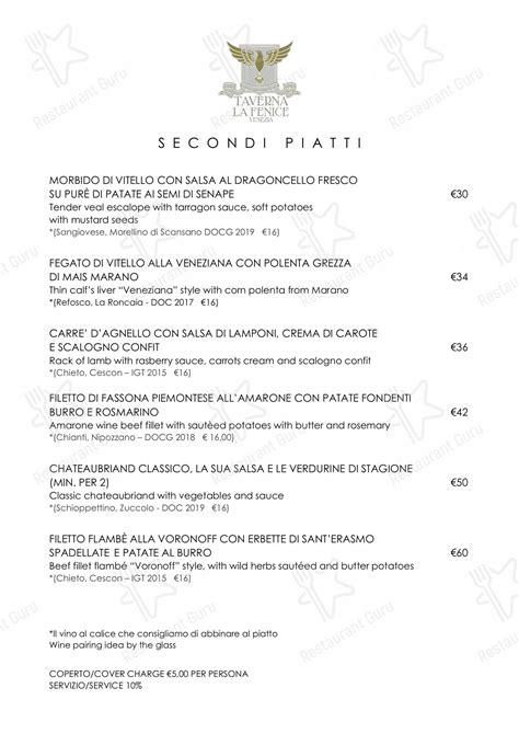 Menu At Taverna La Fenice Restaurant Venice