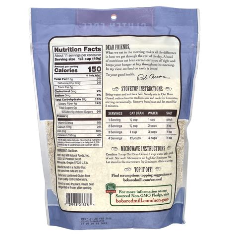 Bob S Red Mill Oat Bran Hot Cereal Gluten Free Lb G