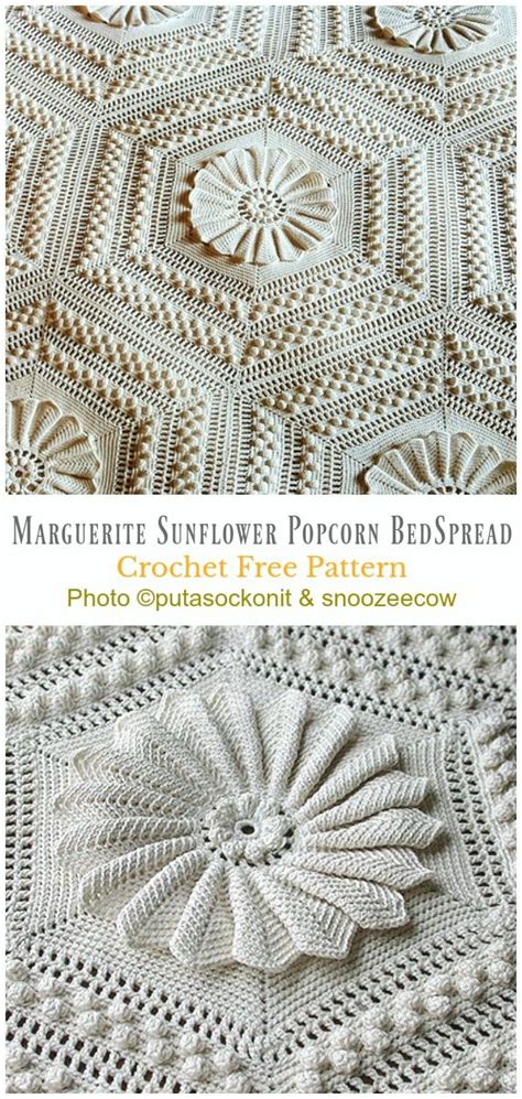 Marguerite Sunflower Popcorn Bedspread Crochet Free Pattern Crochet