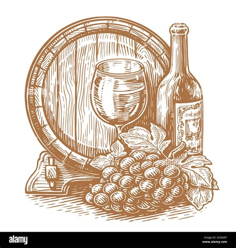 Wine Bottle Glass And Wooden Barrel Winery Vineyard Sketch Vintage Vector Illustration Stock