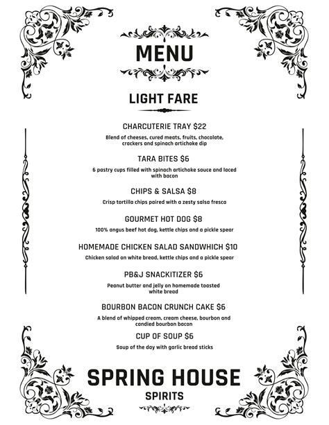 Menu - Spring House Spirits