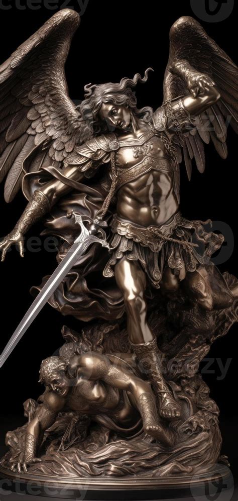 Archangel Michael Fighting With Devil Statue On Black Background