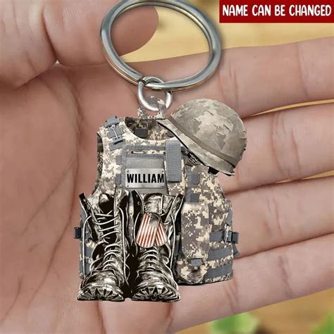 Personalized Military Uniform Keychain Boot And Hat American Veteran