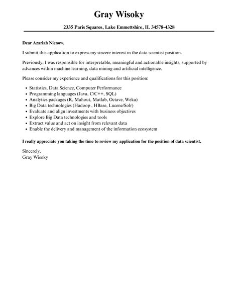 Data Scientist Cover Letter Velvet Jobs