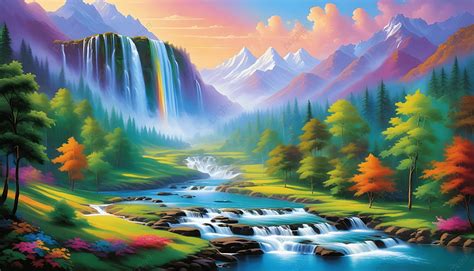 Colorful Indian Painting Background Waterfaling Painting Mountain