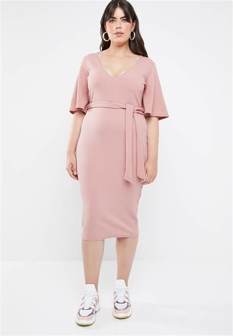 Curved Plunge Kimono Sleeve Midi Dress Pink Missguided Dresses