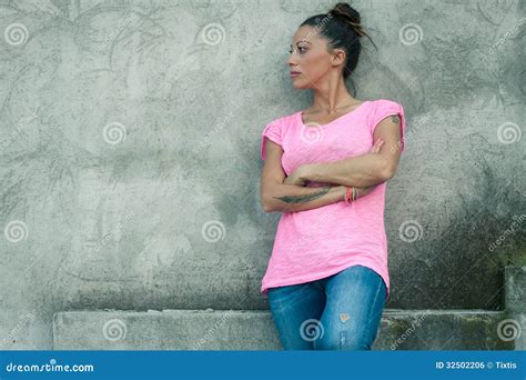 Beautiful Girl Leaning Against Concrete Wall Stock Photo Image Of