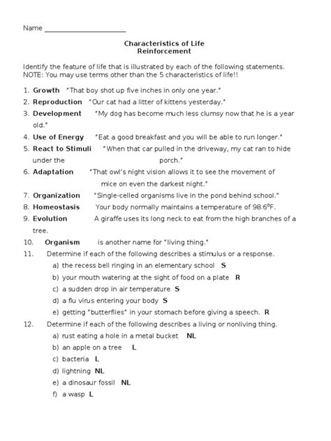 Characteristics of Life Worksheet Answers | PDF | Cats | Organisms