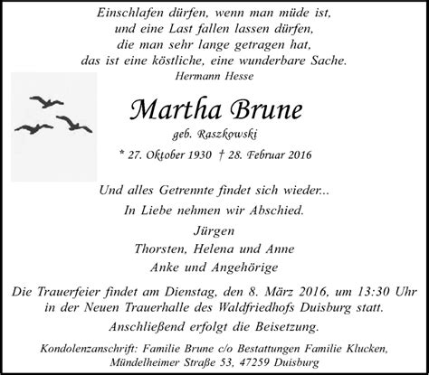 Traueranzeigen Von Martha Brune Trauer In Nrw De