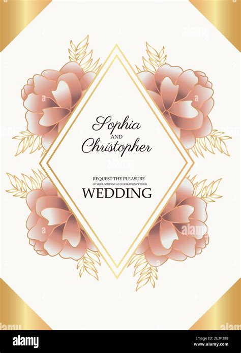 Wedding Invitation Card With Golden Diamond Frame And Red Flowers