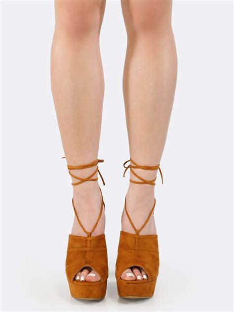 Peep Toe Lace Up Chunky Heels Whisky Shein Sheinside