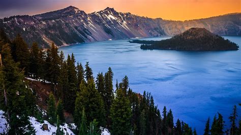 Nature Crater Lake Oregon Sky Oregon Rocks USA Snow Lake