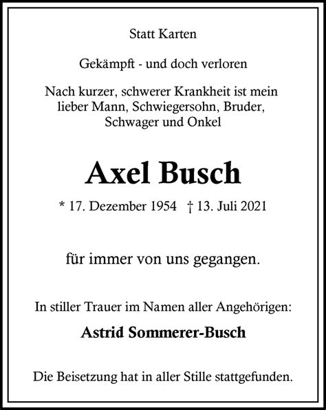 Traueranzeigen Von Axel Busch Trauer In Nrw De