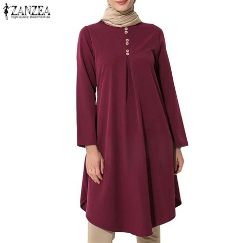 Zanzea Women Long Sleeve Casual Solid Color Loose O Neck Muslim Blouse