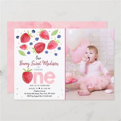 Strawberry Blueberry Berry Sweet First Birthday Invitation Size 5 X 7