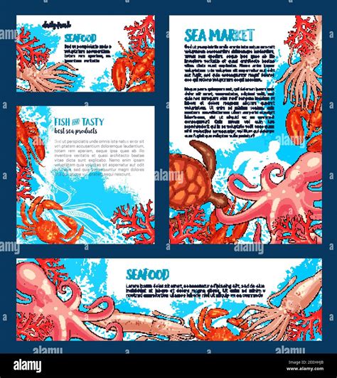 Fresh Fish And Seafood Market Posters And Banners Templates Set Of