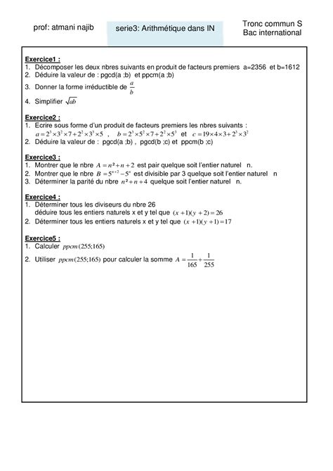 l arithmétique dans n tronc commun exercices