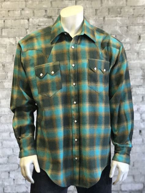 Men S Plush Flannel Plaid Western Shirt 647 GRN TUR By Rockmount Ranch Wear