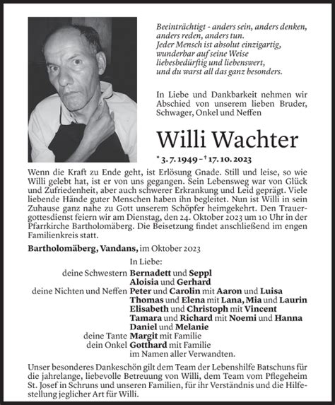 Todesanzeigen Von Willi Wachter Todesanzeigen Vorarlberger Nachrichten