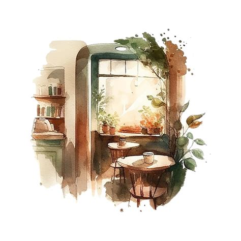 Ilustração em aquarela do café interior aconchegante grande janela