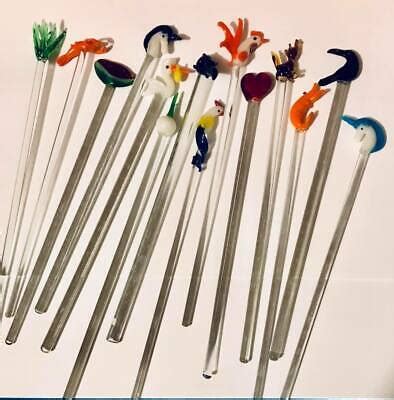 Lot Of Vintage Set Glass Swizzle Sticks Stir Cocktail Stirrers Blown