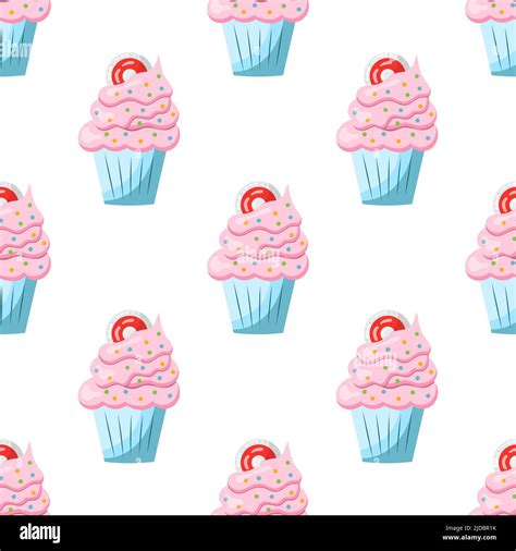 Seamless Cupcake Pattern With Pink Cream Vector Illustration On A